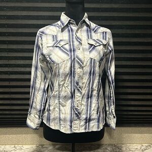 Wrangler Boys Blue‎ Plaid Pearl Snap Long Sleeve Button Front Shirt Large 10/12